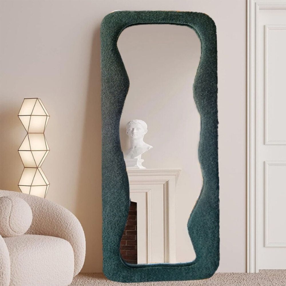 Full Length Standing Mirror 55 x 170cm Irregular Wavy Mirror - with Boucle Fabrics - Green