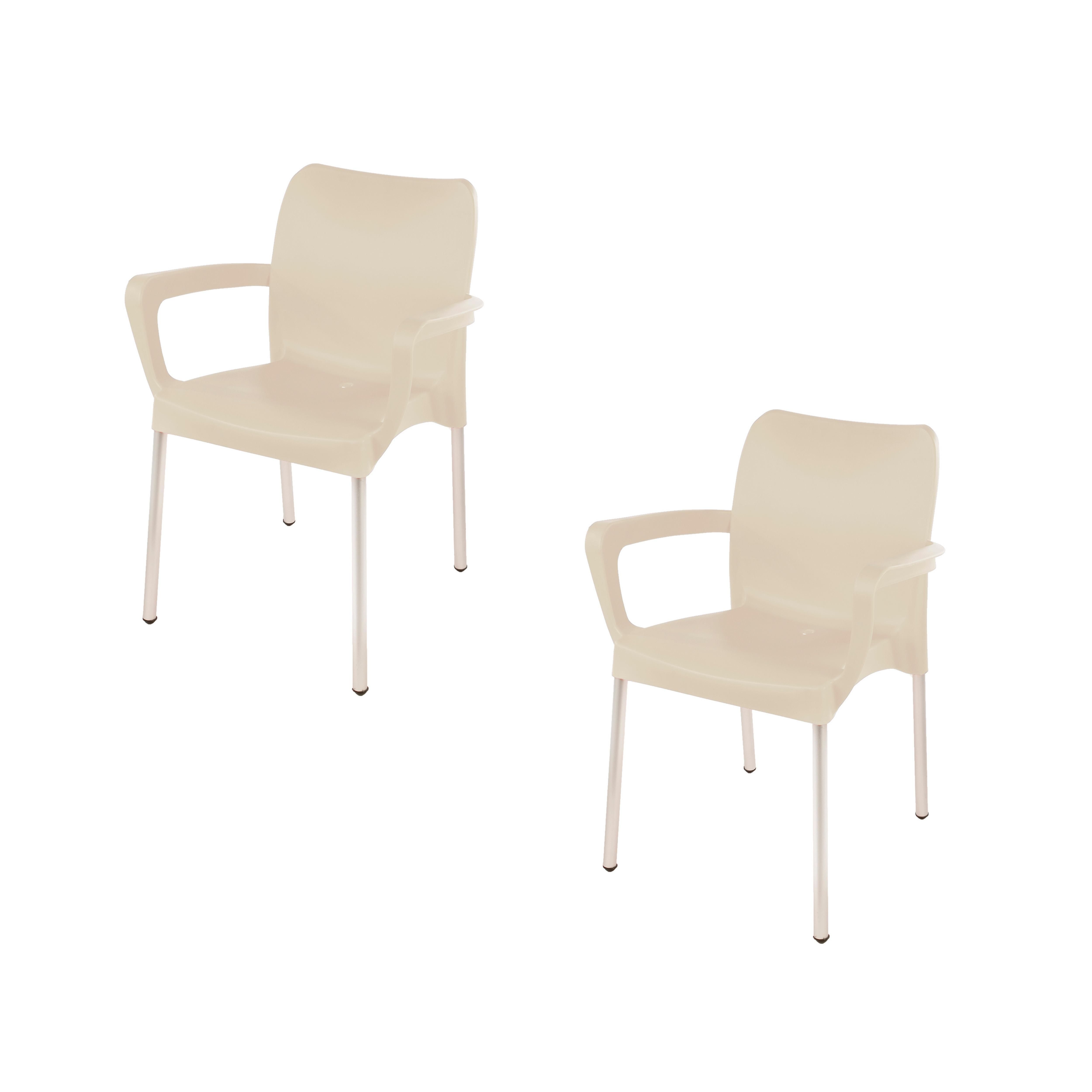 Heavy Duty Plastic Stacking Chair – Bistro Design with Armrests - Beige - Set of 2