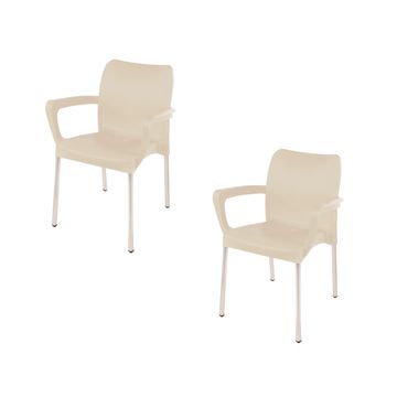 Heavy Duty Plastic Stacking Chair – Bistro Design with Armrests - Beige - Set of 2