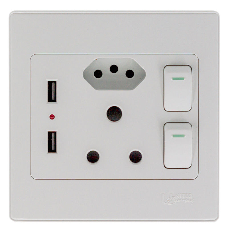 UNITED ELECTRICAL Double Wall Switch Socket With Euro + 2 USB Ports 4x4