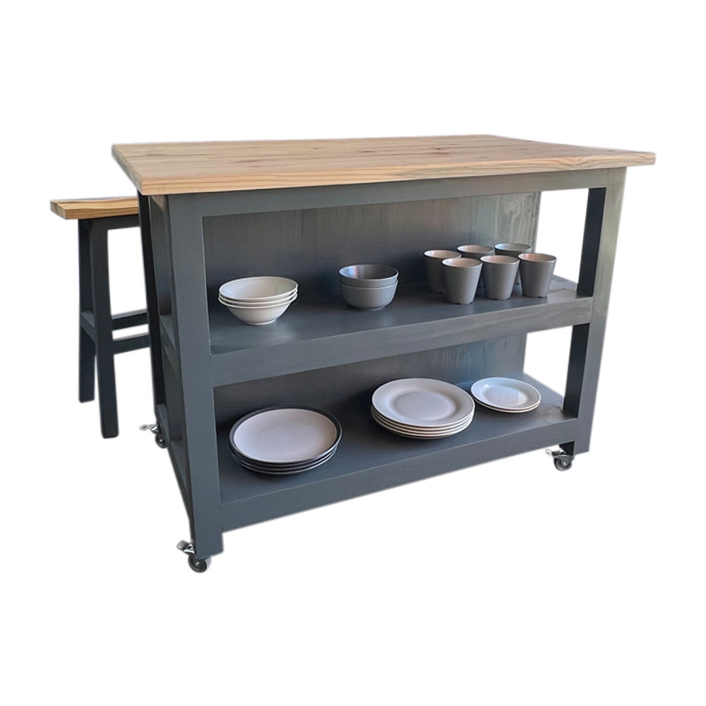 Struisbaai Solid Wood Graphite Kitchen Island – with Lockable Wheels, Shelves and Bar Table / Wooden Kitchen Trolley