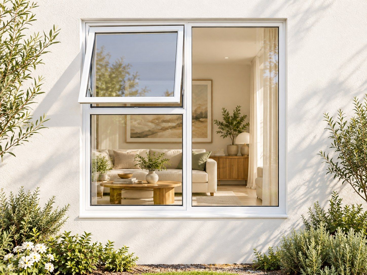 Kenzo Premium Top-Hung Aluminium Window - White, 1200 1200 mm, Left Upper Opener with Fixed Lower and Side Panes, Clear Glass