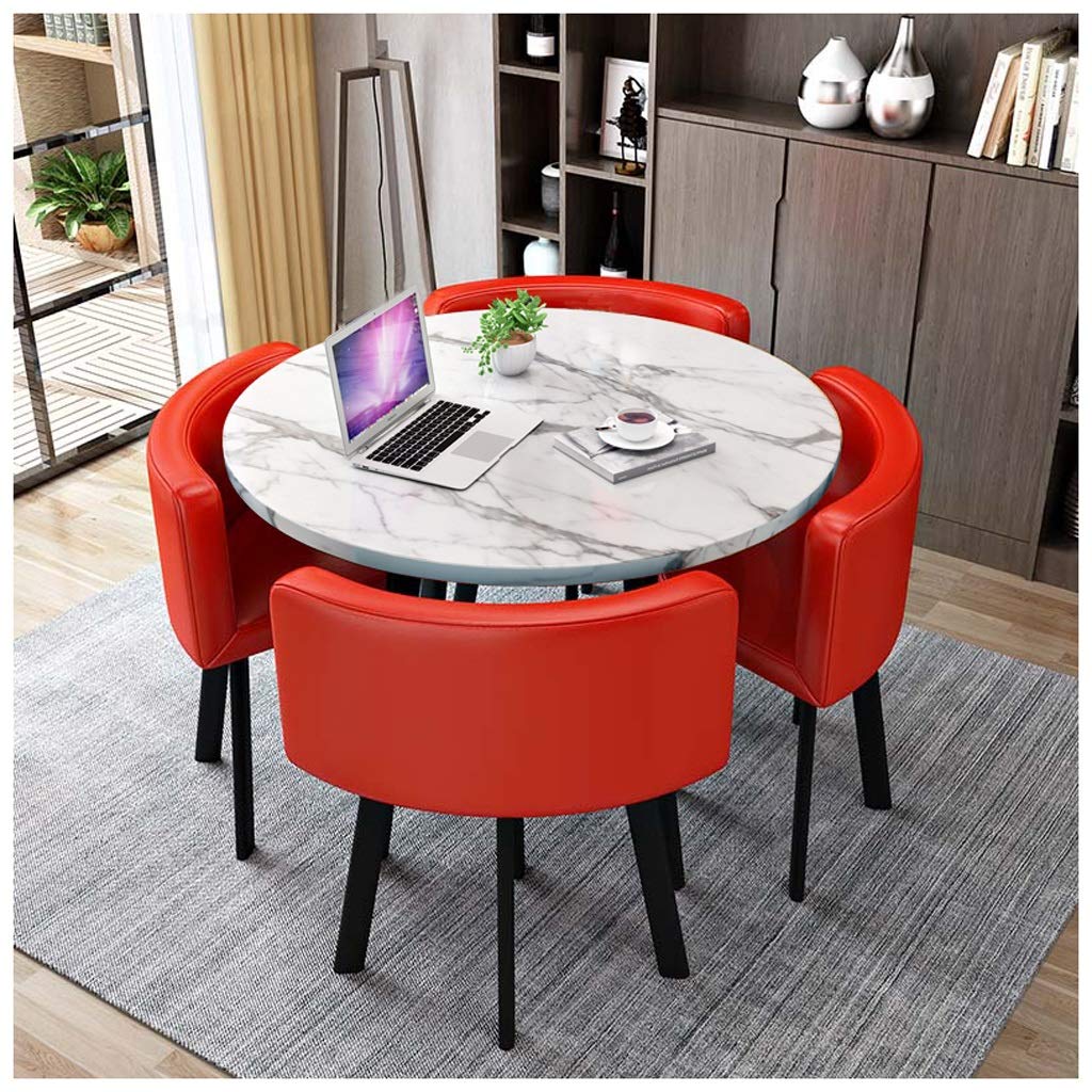 Modern Nordic Round Dining Table Set – 5pc Wooden Marble Look MDF Table with 4 PU Leather Chairs