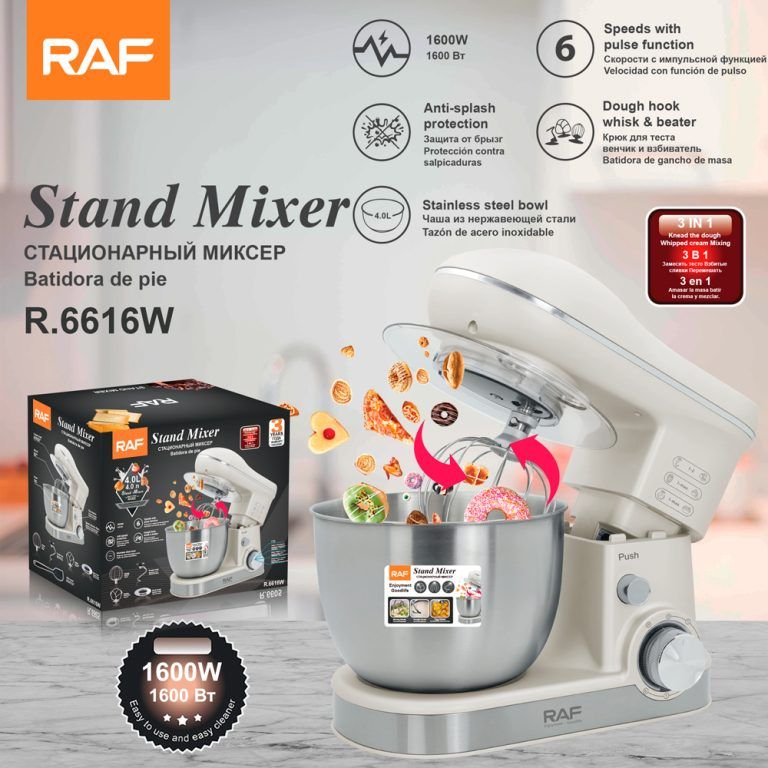 RAF Stand Mixer, 1600W Commercial Motor, 6-Speed, 4L Stainless Steel Bowl