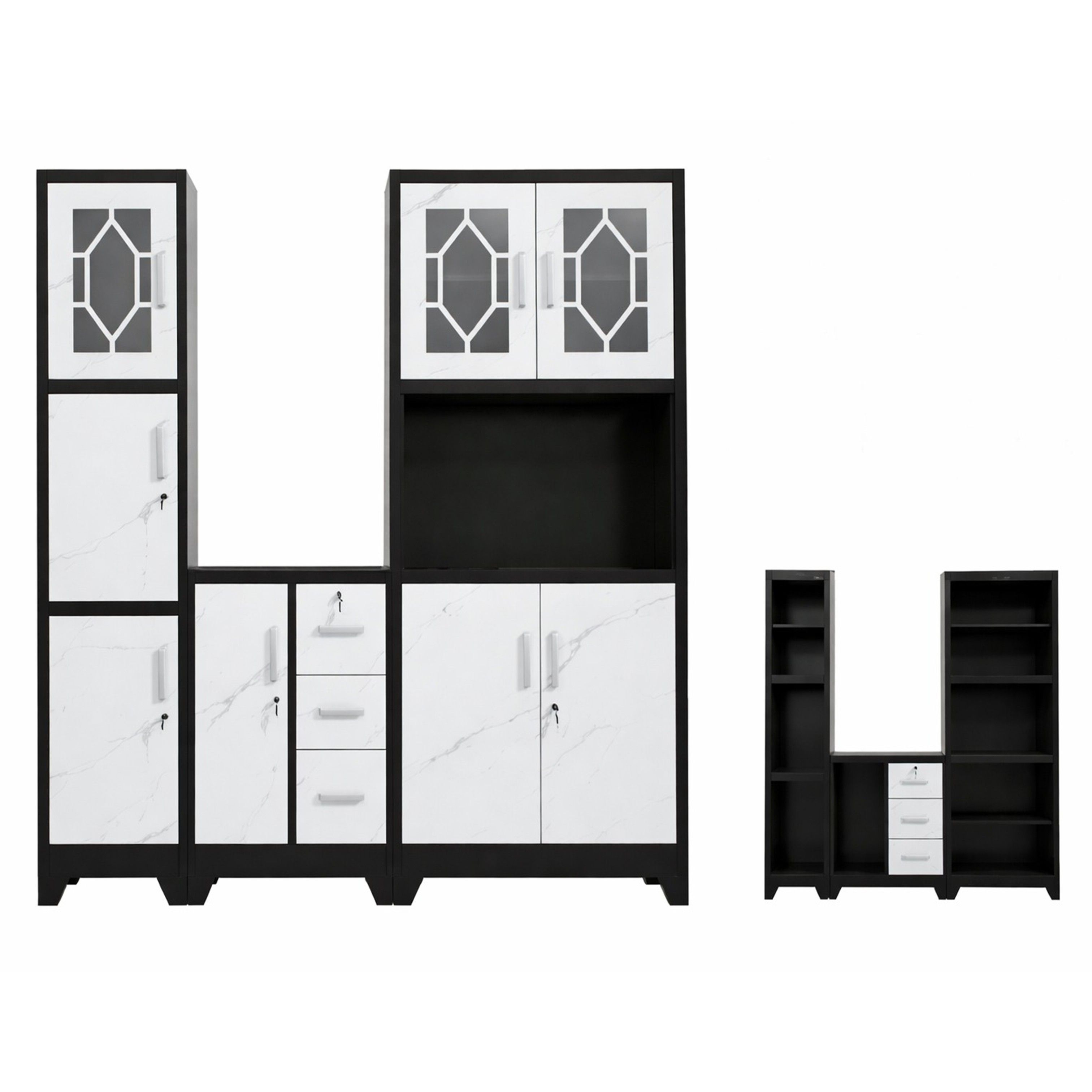Madiega Furniture - 3-Piece Black & White Marble Steel Kitchen Pantry Unit with Locks