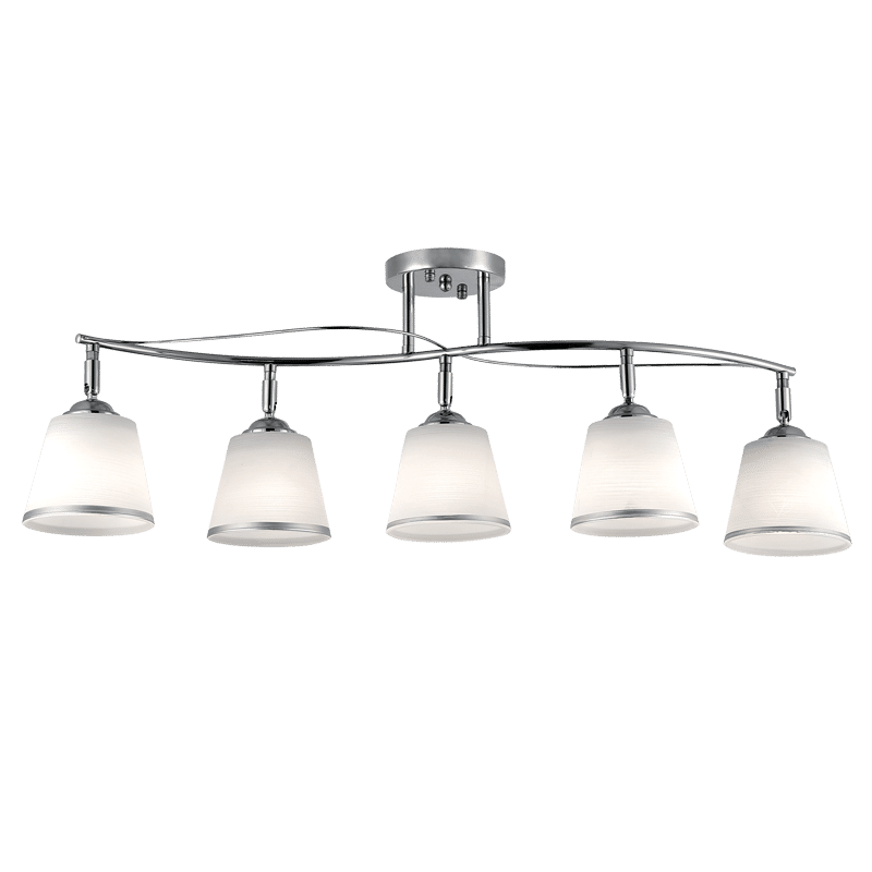 Polished Chrome Chandelier with Silver Trimmed White Glass Adjustable Arm