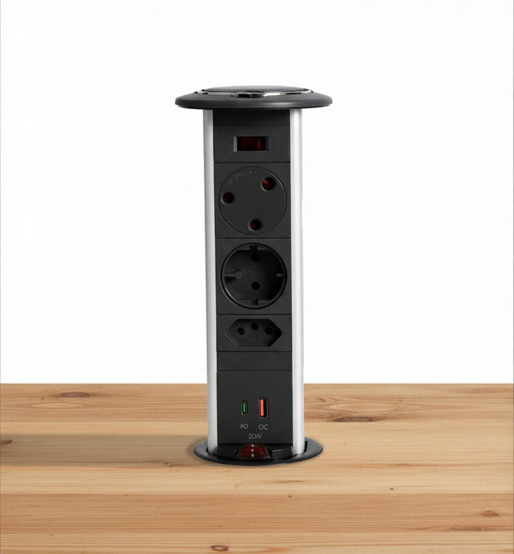 Powerlogic MK445 (Round Top) Pull up Multiplug with Fast 45W USB C Charger - Black