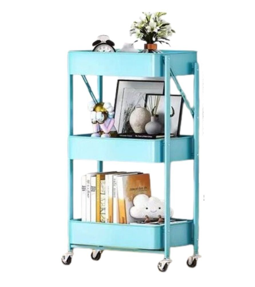 3-Tier Rolling Storage Cart, Blue, with Wheels