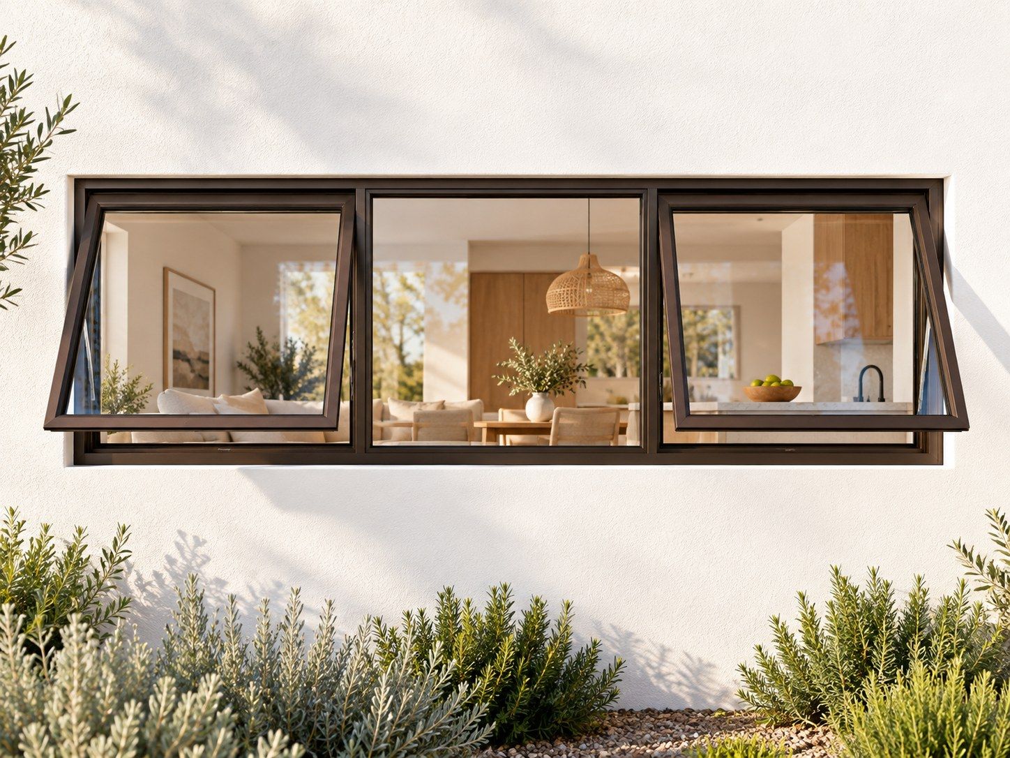 Kenzo Premium Top-Hung Aluminium Window - Bronze, 1800 400 mm, Two Outer Openers with Fixed Centre, Clear Glass