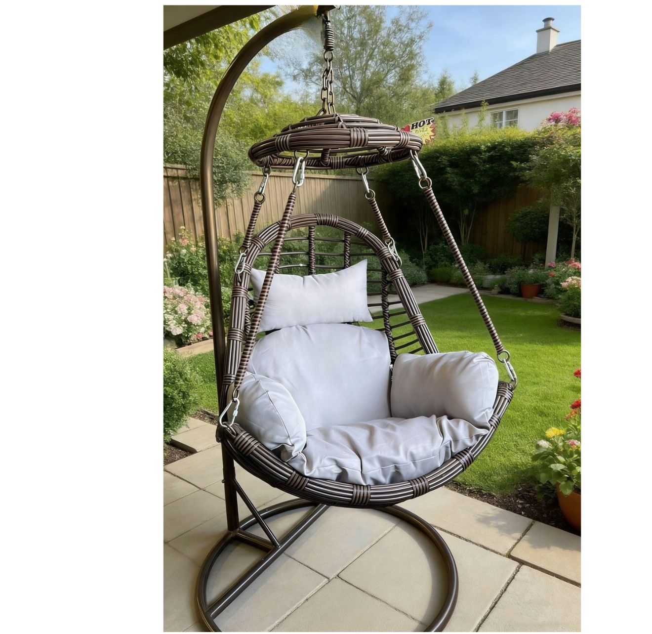 Hanging Egg Chair with Stand, Brown Wicker, White Cushions, Outdoor Patio Swing Seat