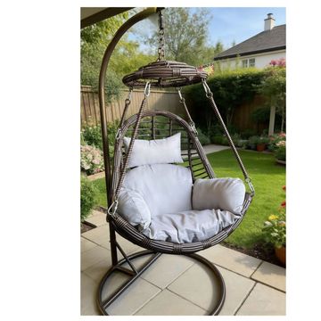 Hanging Egg Chair with Stand, Brown Wicker, White Cushions, Outdoor Patio Swing Seat
