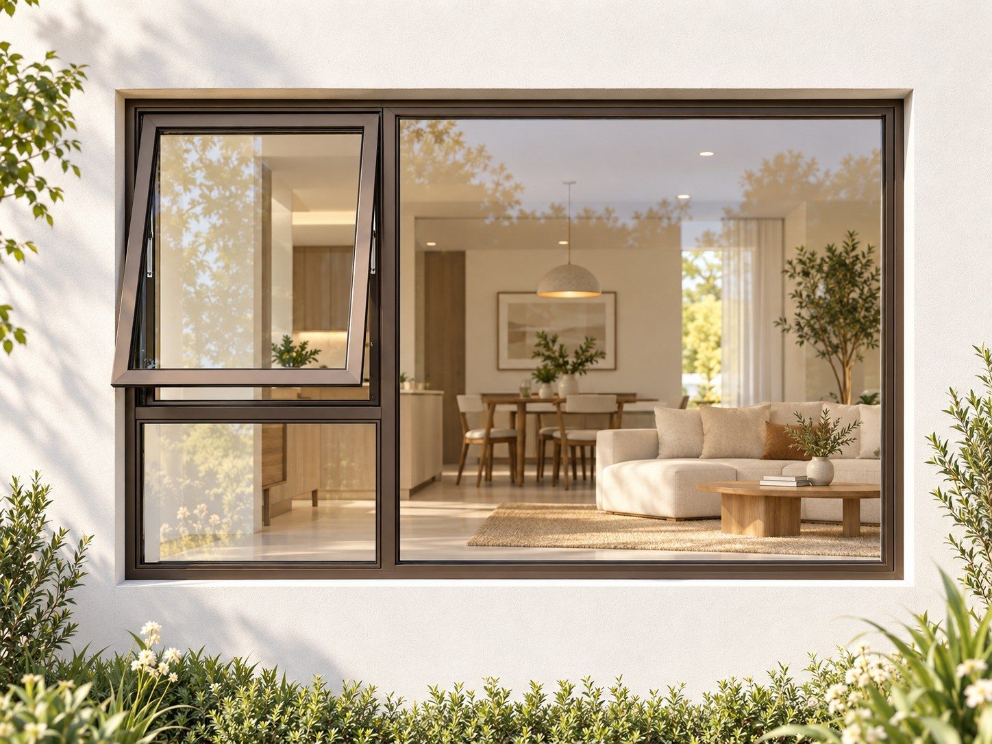 Kenzo Premium Top-Hung Aluminium Window - Bronze, 2100 900 mm, Left Upper Opener with Fixed Lower and Side Panes, Clear Glass