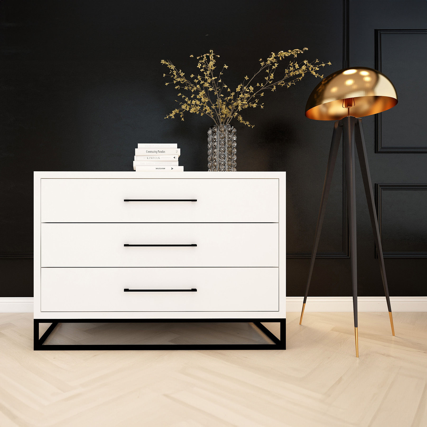 3 Drawer Server Lilo Satin White - Black Frame