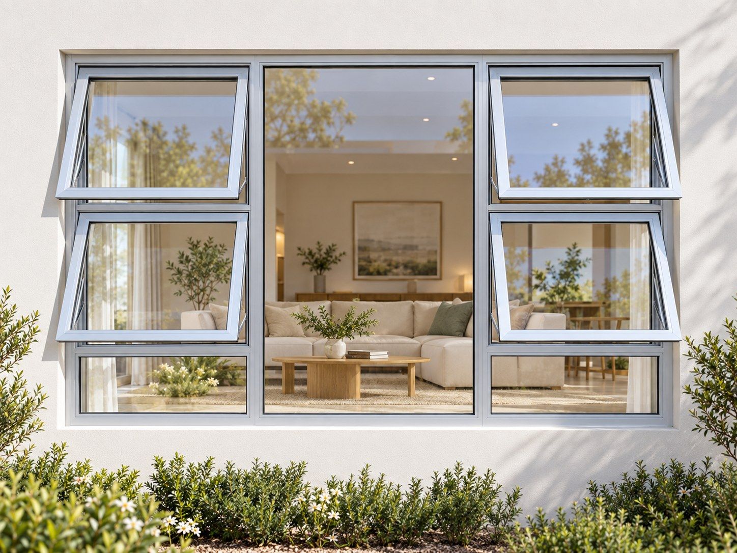 Kenzo Premium Top-Hung Aluminium Window - Silver, 2400 1500 mm, Four Openers with Fixed Centre and Lower Panes, Clear Glass