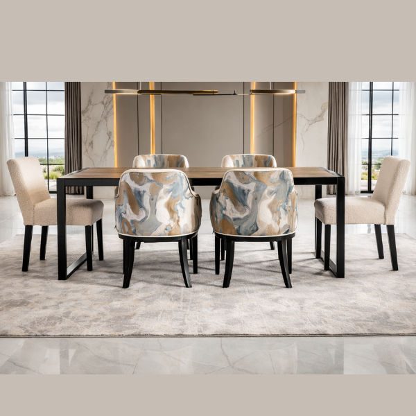 Lucky Furn 6-Seater Dining Set - Wood-Look Table with Patterned & Solid Chairs
