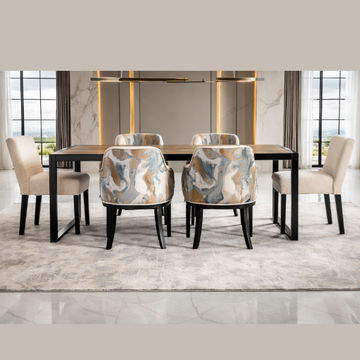 Lucky Furn 6-Seater Dining Set - Wood-Look Table with Patterned & Solid Chairs