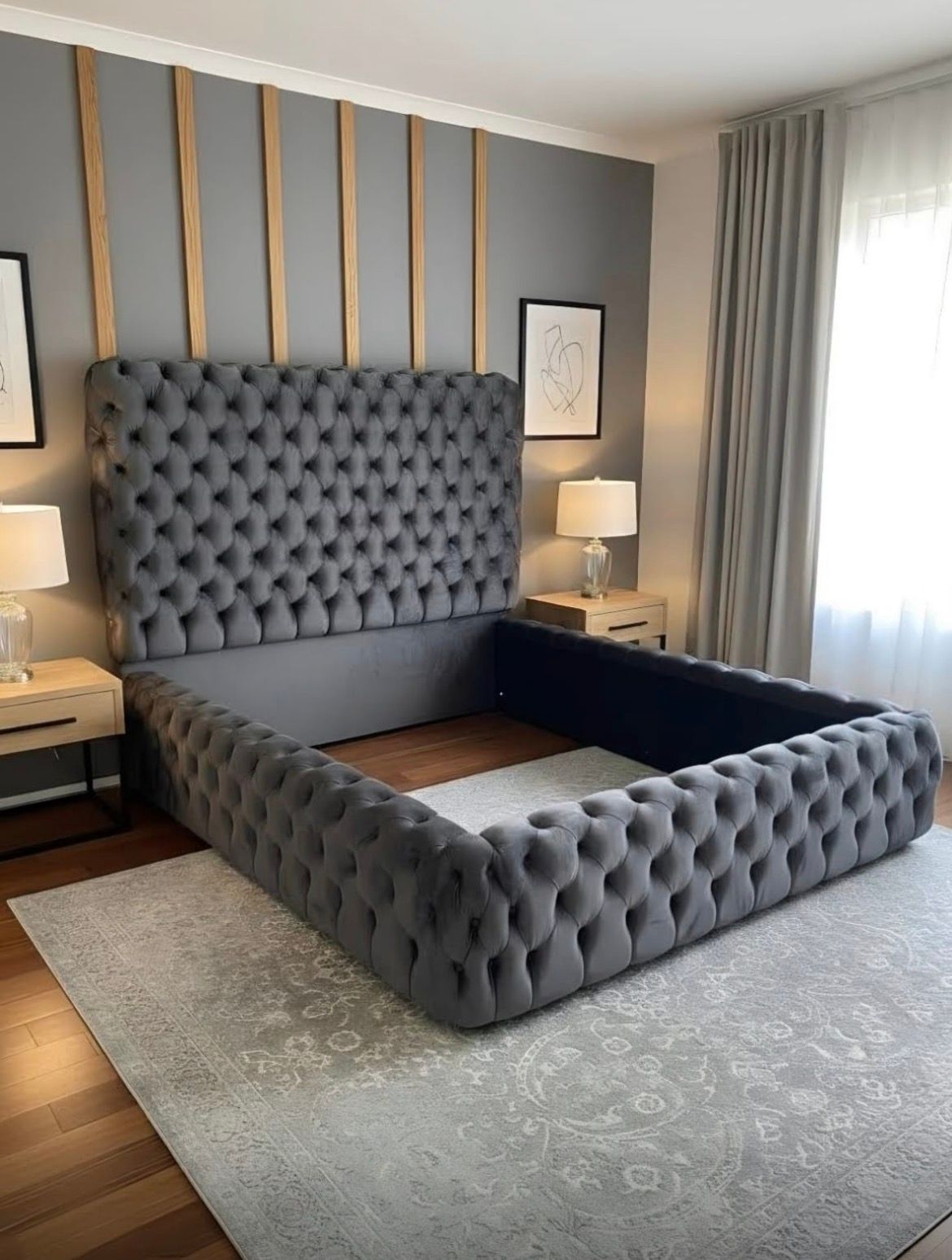 Buttoned Sleigh Bed without base - Velvet Material - Queen - Dark Grey