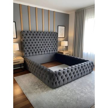 Buttoned Sleigh Bed without base - Velvet Material - Queen - Dark Grey