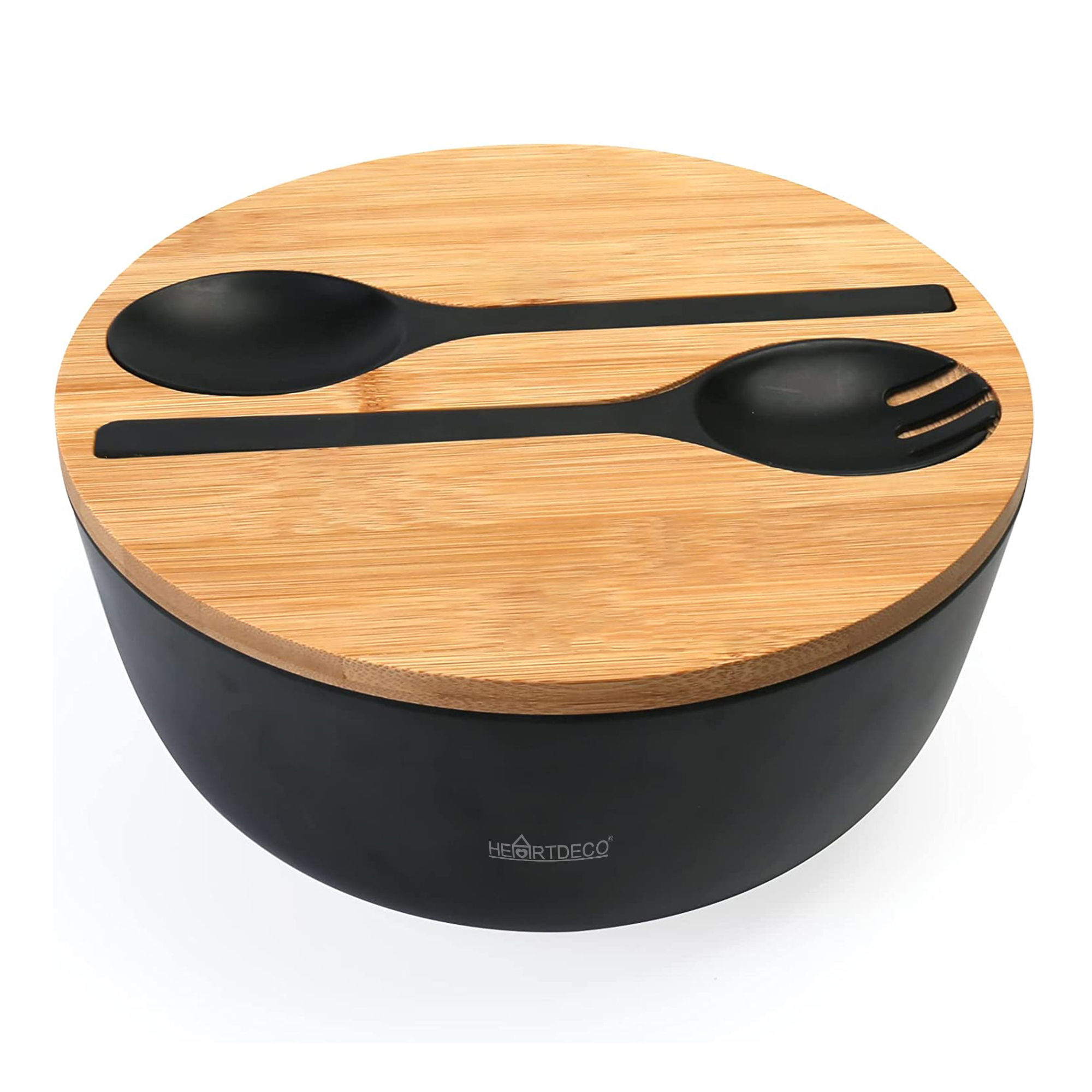 Heartdeco Salad Bowl With Bamboo Lid and Serving Spoons Set - Black