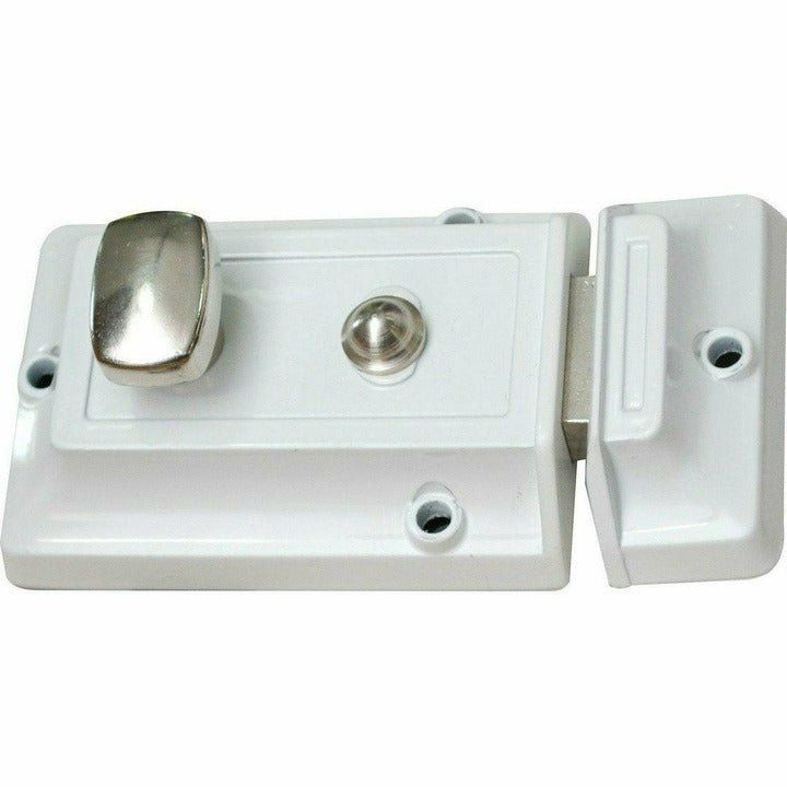 White night latch with chrome knob