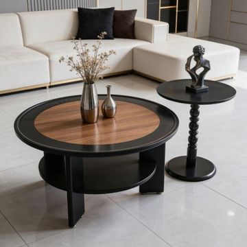 Madiega Furniture - Round Coffee Table with Walnut Wood Inlay & Black Tiered Side Table Set