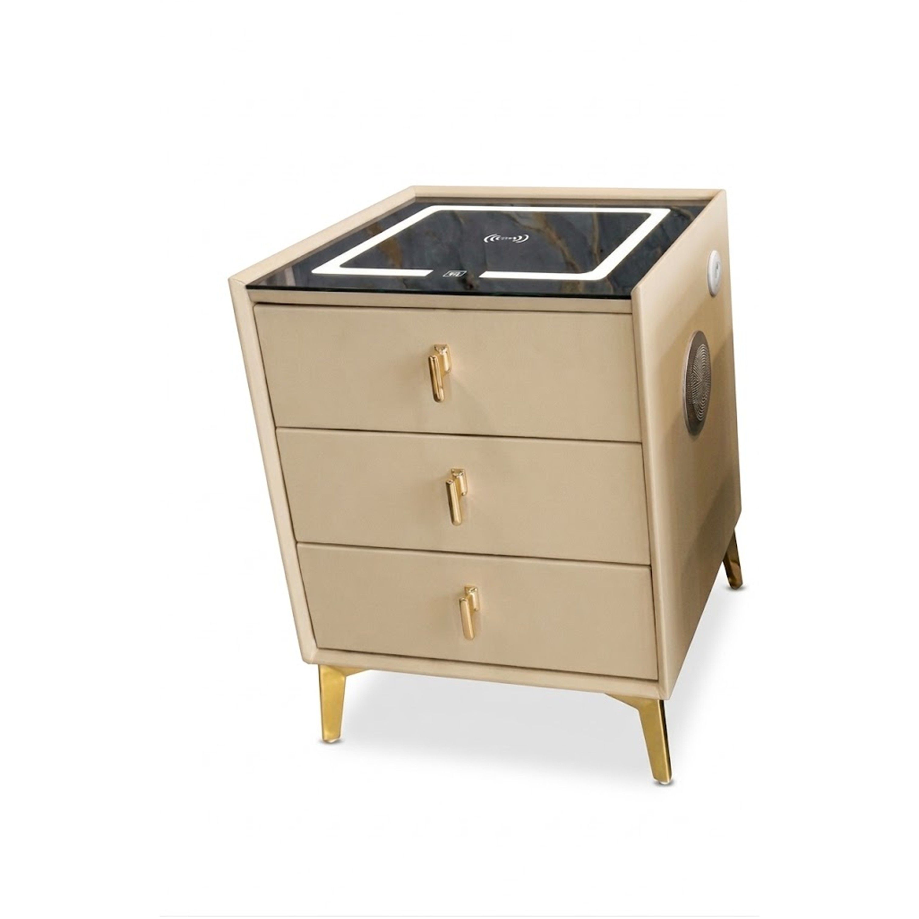 Madiega Furniture - Warm Beige Smart Leatherette Nightstand with Wireless Charging, LED Lighting & Bluetooth Speaker