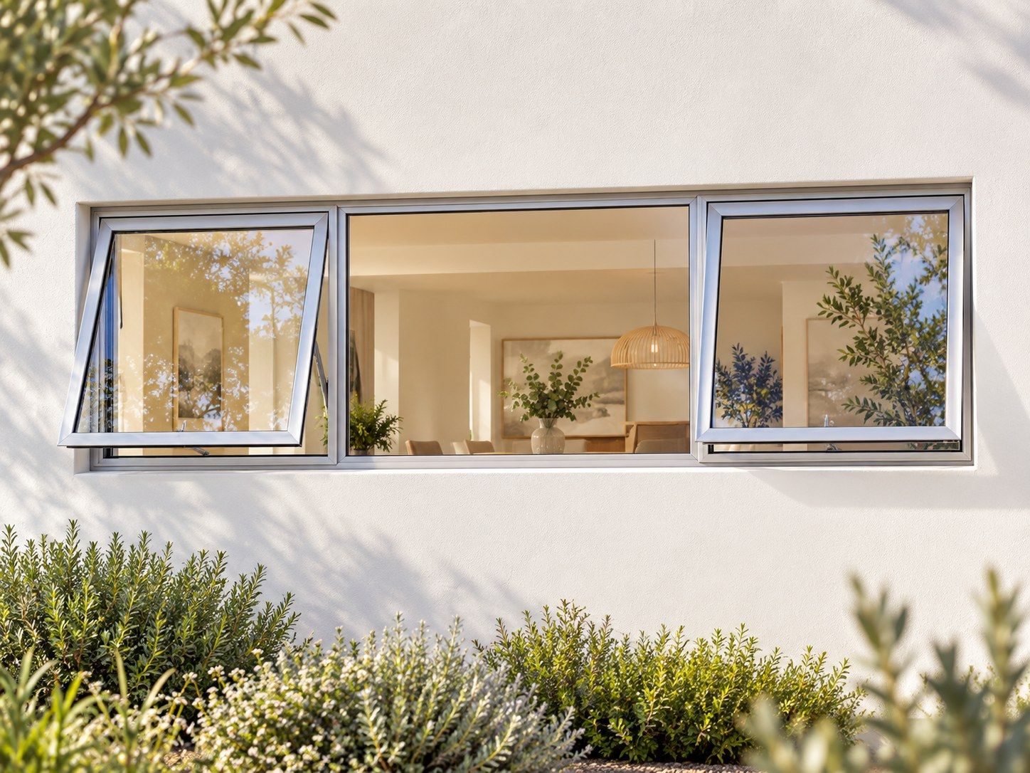 Kenzo Premium Top-Hung Aluminium Window - Silver, 2100 400 mm, Two Outer Openers with Fixed Centre, Clear Glass