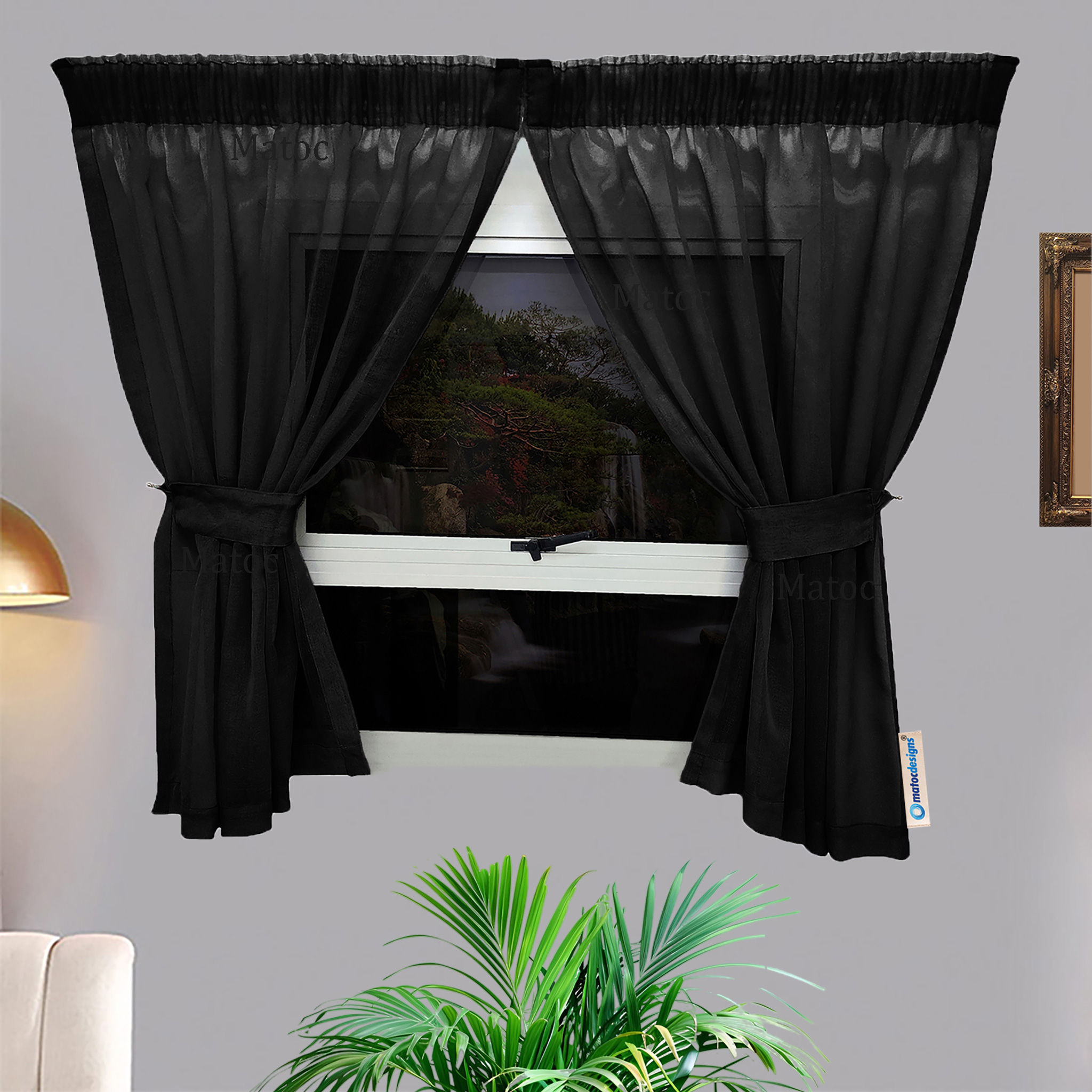 Matoc Designs Café Curtain - Mystic Voile - Black - Taped - 110cm W x 120cm H - 2 Pack
