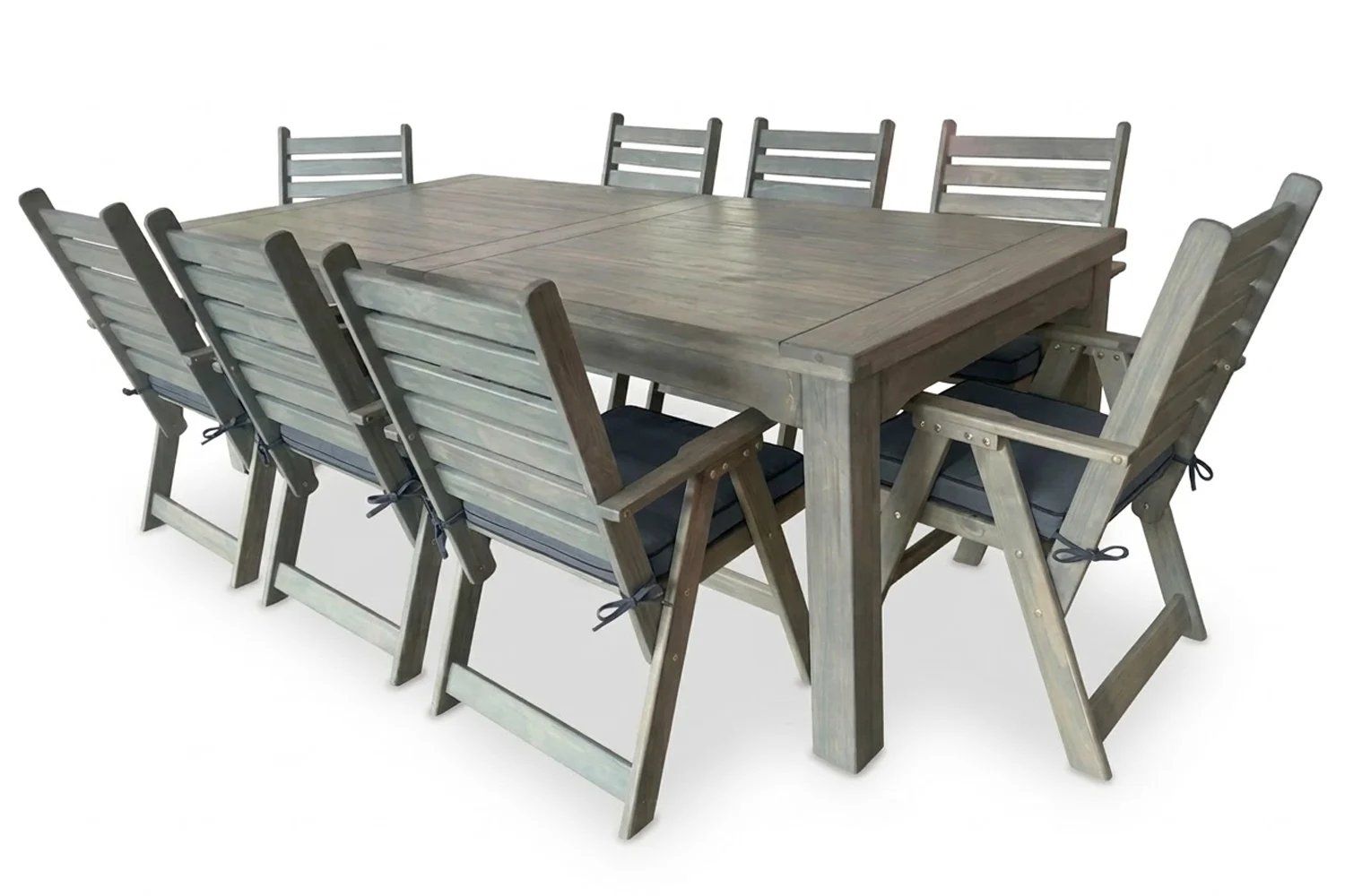Aged Pine Patio Dining Set 8-Seater 2400mm x1 Table x8 Highback Chairs Beige Seat Cushions (Undercover only)