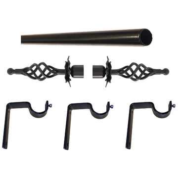 Matoc 32mm Curtain Single Metal Pole Set -Flower BigBasket Finials -Black -5.0m
