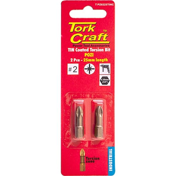 Pozi 2 X 25Mm Insert Bit Torsion Tin Coated 2Pce Pz2