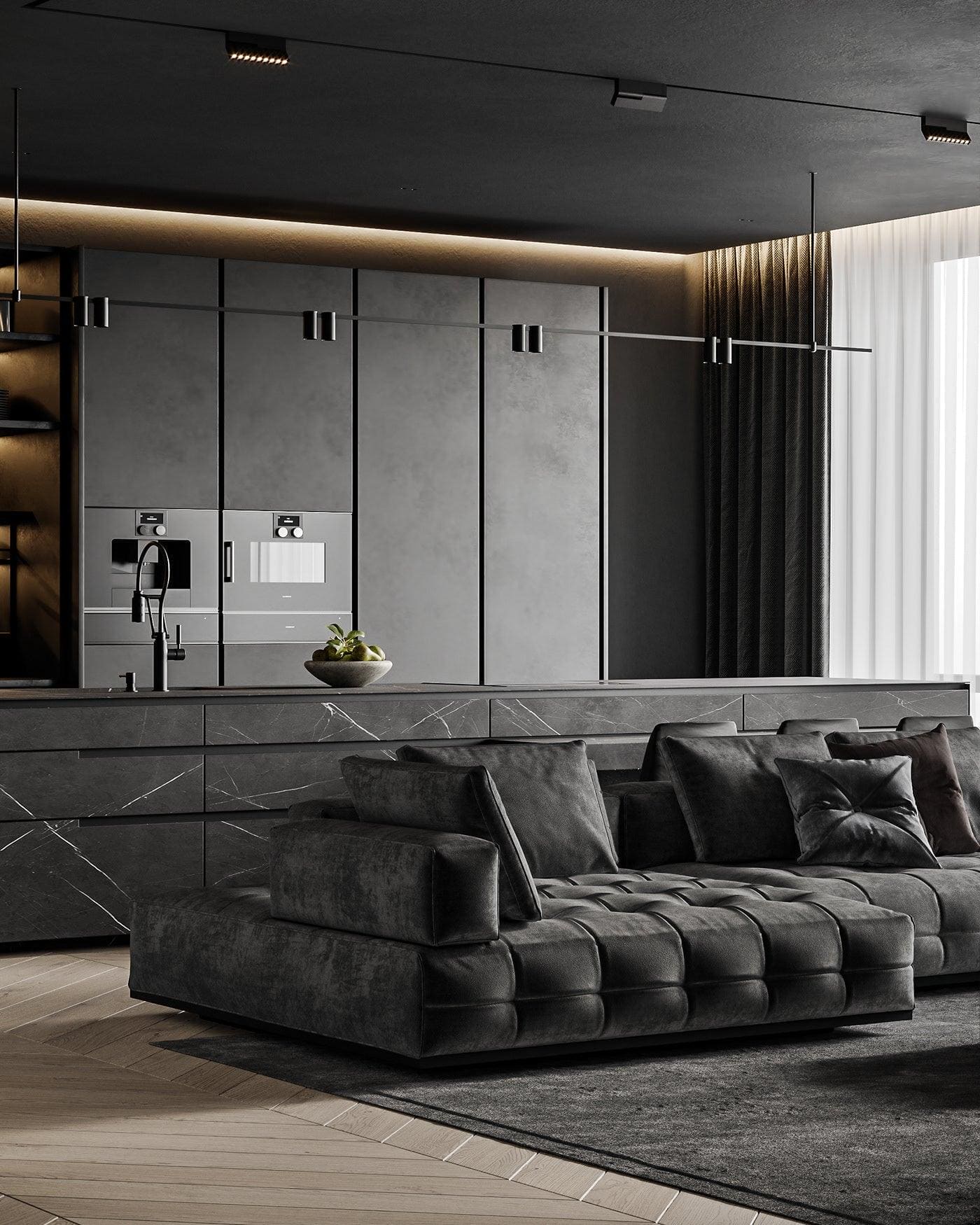 Modern Charcoal Grey Stitched L shape Sofa - Cream