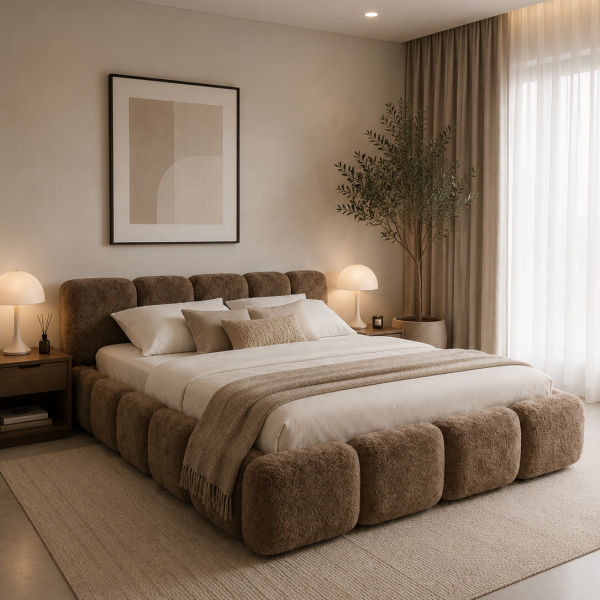Califia Furniture Queen Taupe Brown Teddy Upholstered Bed Frame with Chunky Cushioned Panels