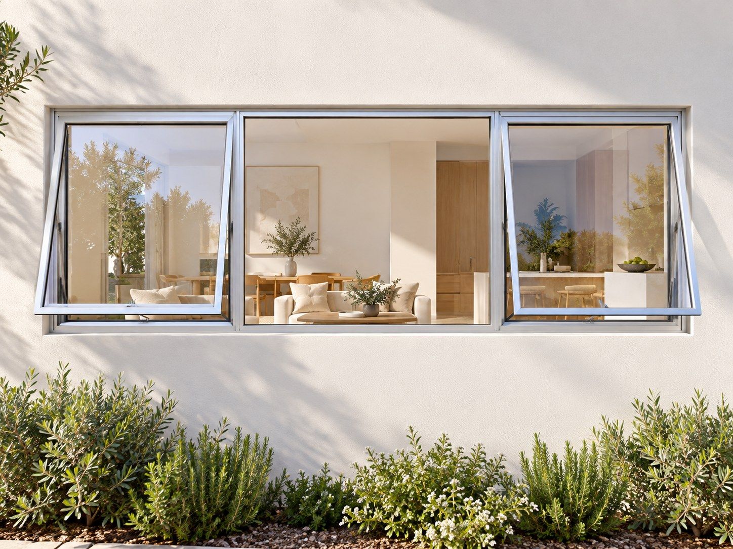 Kenzo Premium Top-Hung Aluminium Window - Silver, 2100 600 mm, Two Outer Openers with Fixed Centre, Clear Glass