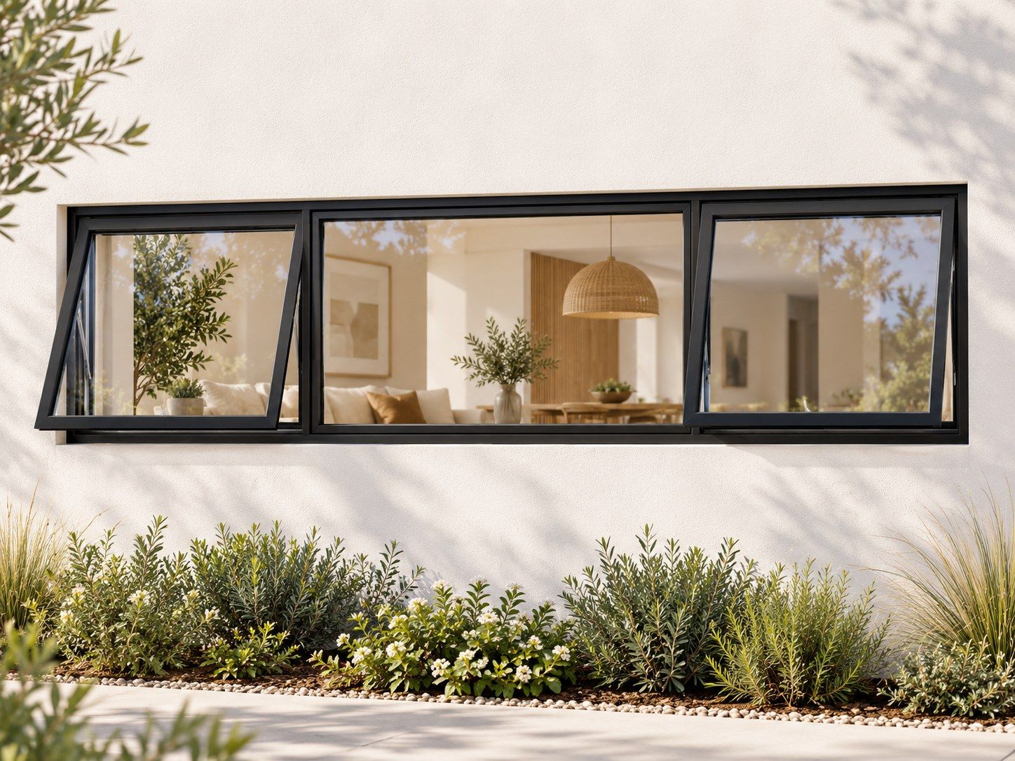 Kenzo Premium Top-Hung Aluminium Window - Black, 2100 400 mm, Two Outer Openers with Fixed Centre, Clear Glass