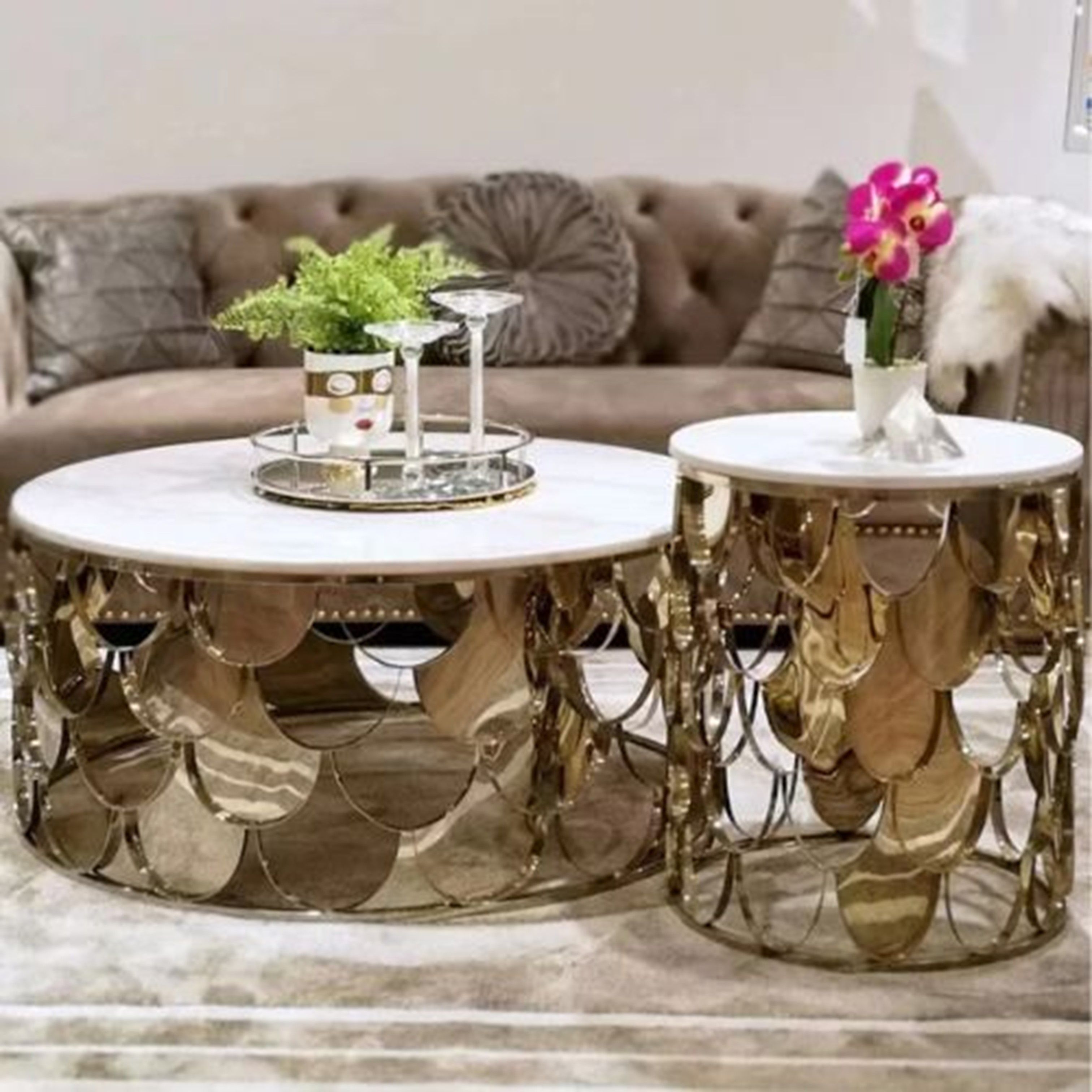 Madiega Furniture - Gold Lattice Marble Tables Duo