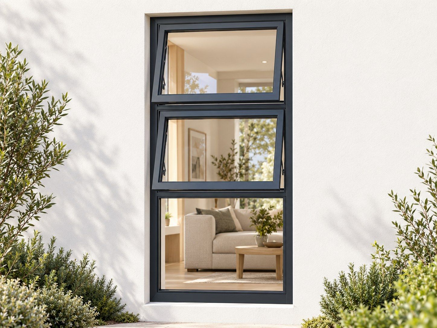 Kenzo Premium Top-Hung Aluminium Window - Charcoal, 900 1800 mm, Two Stacked Openers with Fixed Lower Pane, Clear Glass