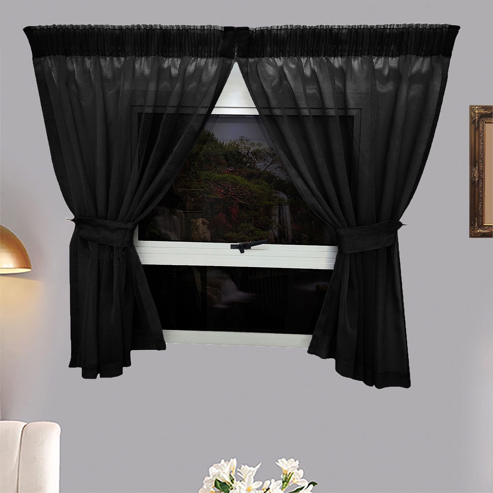 Matoc Designs Café Curtain - Mystic Voile - Black - Taped - 110cm W x 120cm H - 2 Pack