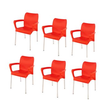 Heavy Duty Plastic Stacking Chair – Bistro Design with Armrests - Bright Red - Set of 6