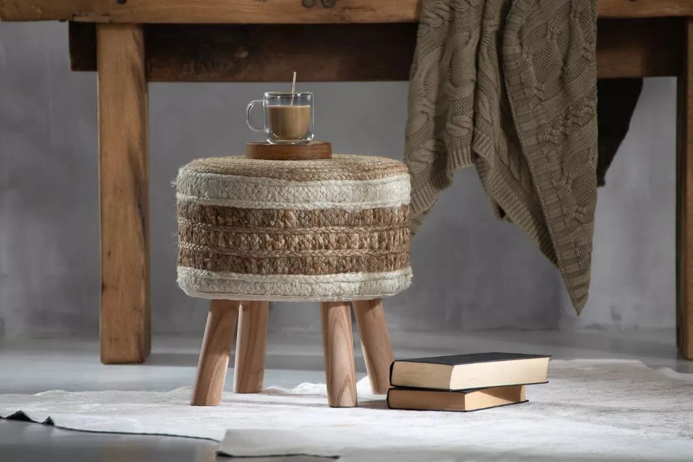 Juko Handmade Ottoman Stool Handwoven Jute Seat & Solid Acacia Wood Legs
