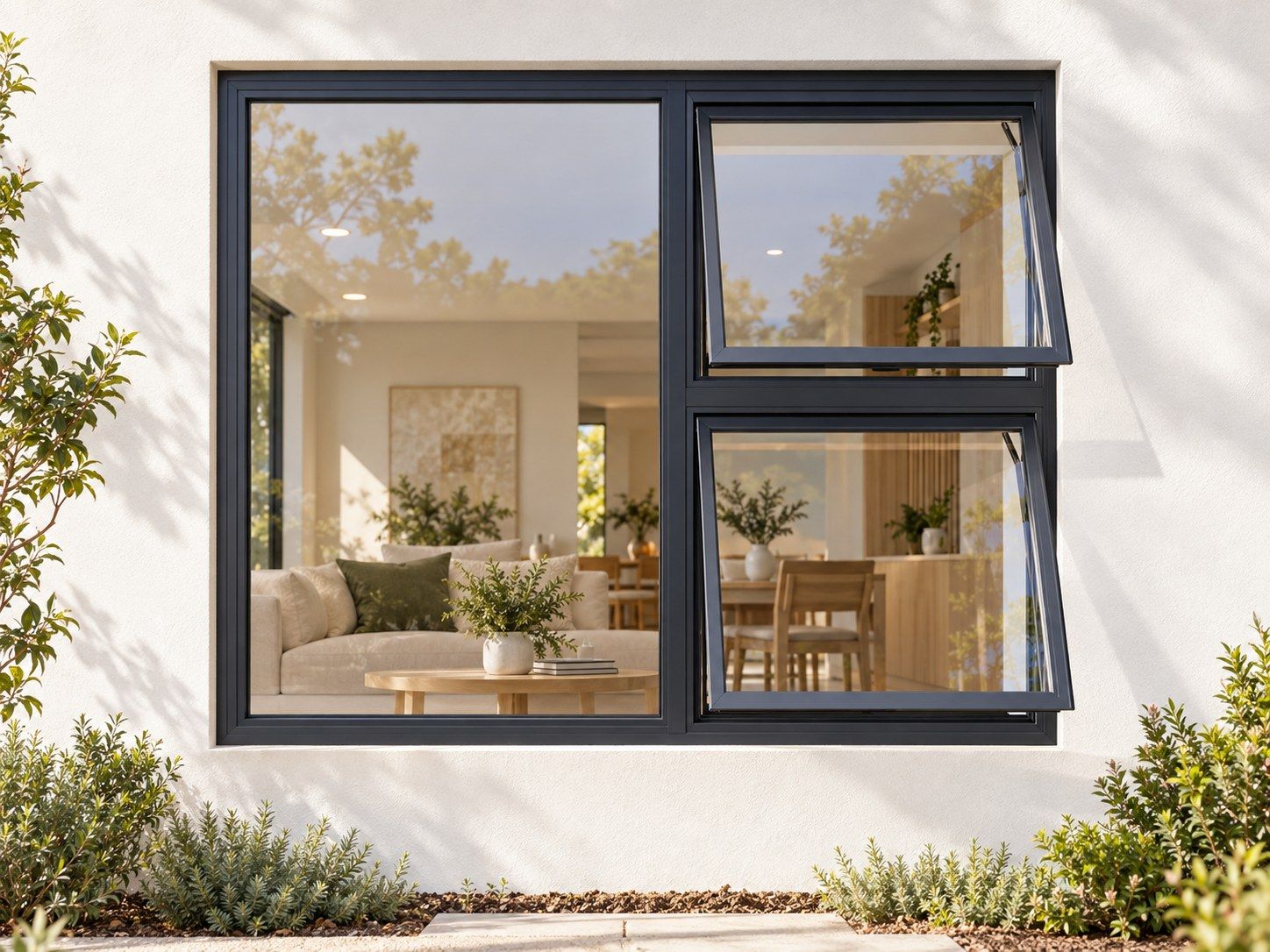 Kenzo Premium Top-Hung Aluminium Window - Charcoal, 1500 1200 mm, Right Two Openers with Fixed Side Pane, Clear Glass