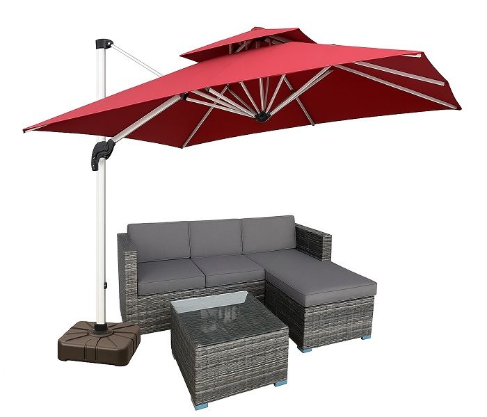 Prestige Home - Red Outdoor Umbrella and Rattan Grey L-Shape Lounge Set Combo Special