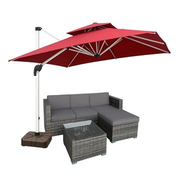 Prestige Home - Red Outdoor Umbrella and Rattan Grey L-Shape Lounge Set Combo Special
