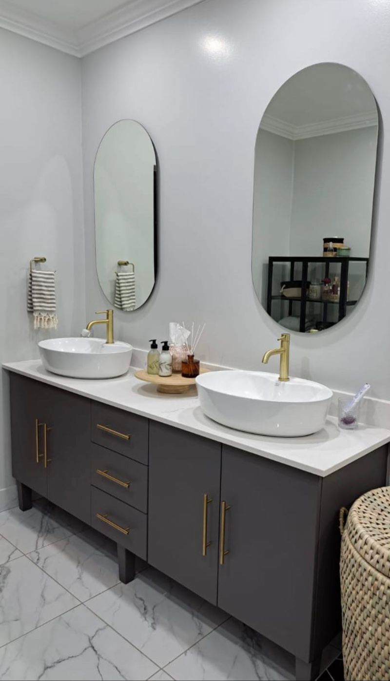 Double vanity grey, modern style with bar handles