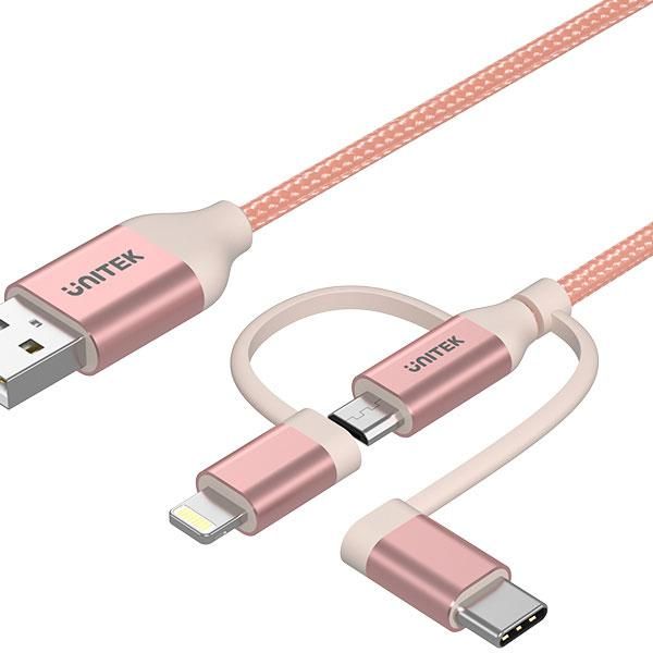 Unitek 1M 3-In-1 Usb2.0 To Micro Usb Cable With Type-C And Mfi Lightning Adapters (Y-C4036Arg - Y-C4036Asl) - Rose Gold
