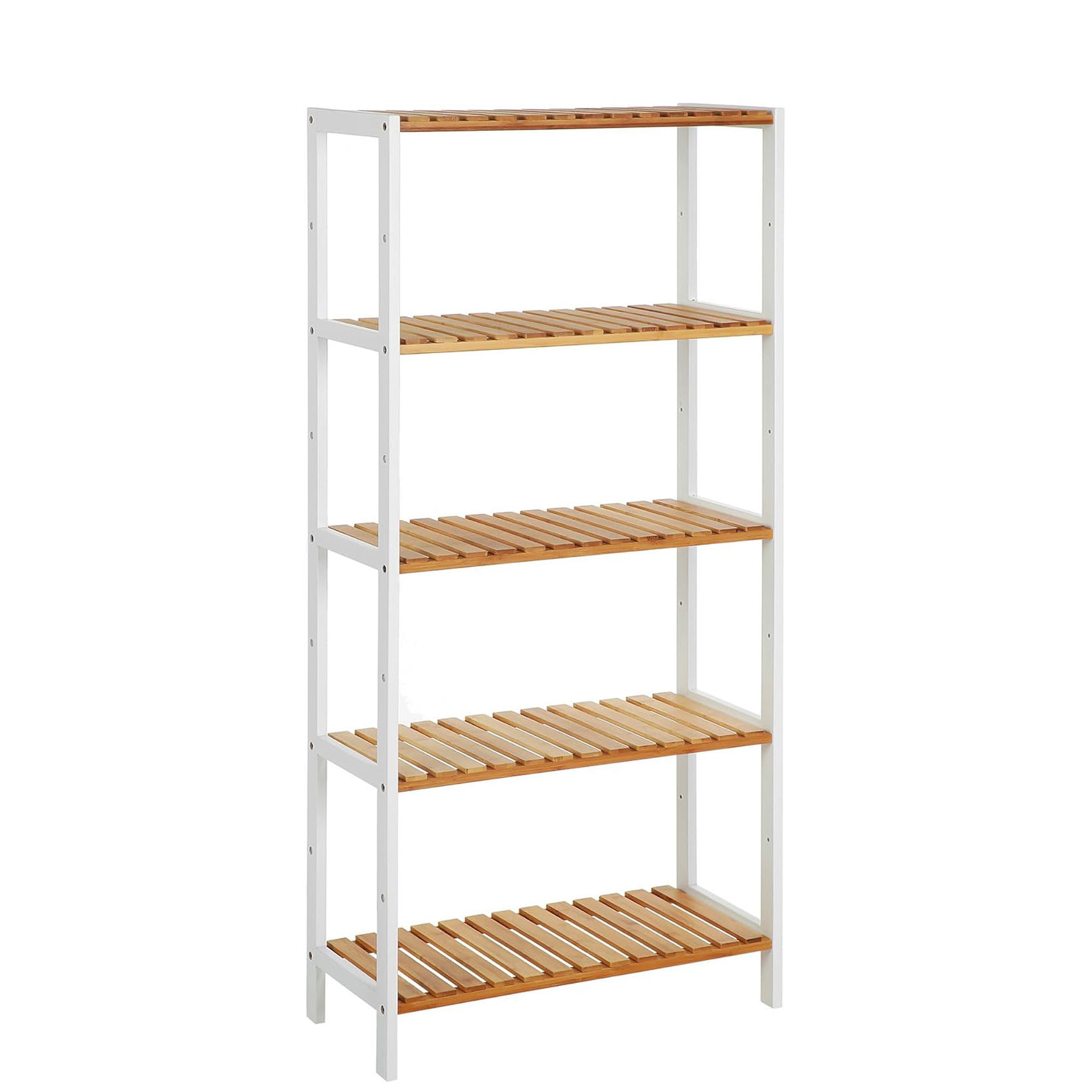 LASA 5-Tier Bamboo Storage Shelf White Frame Wood Rack Living Room Kitchen