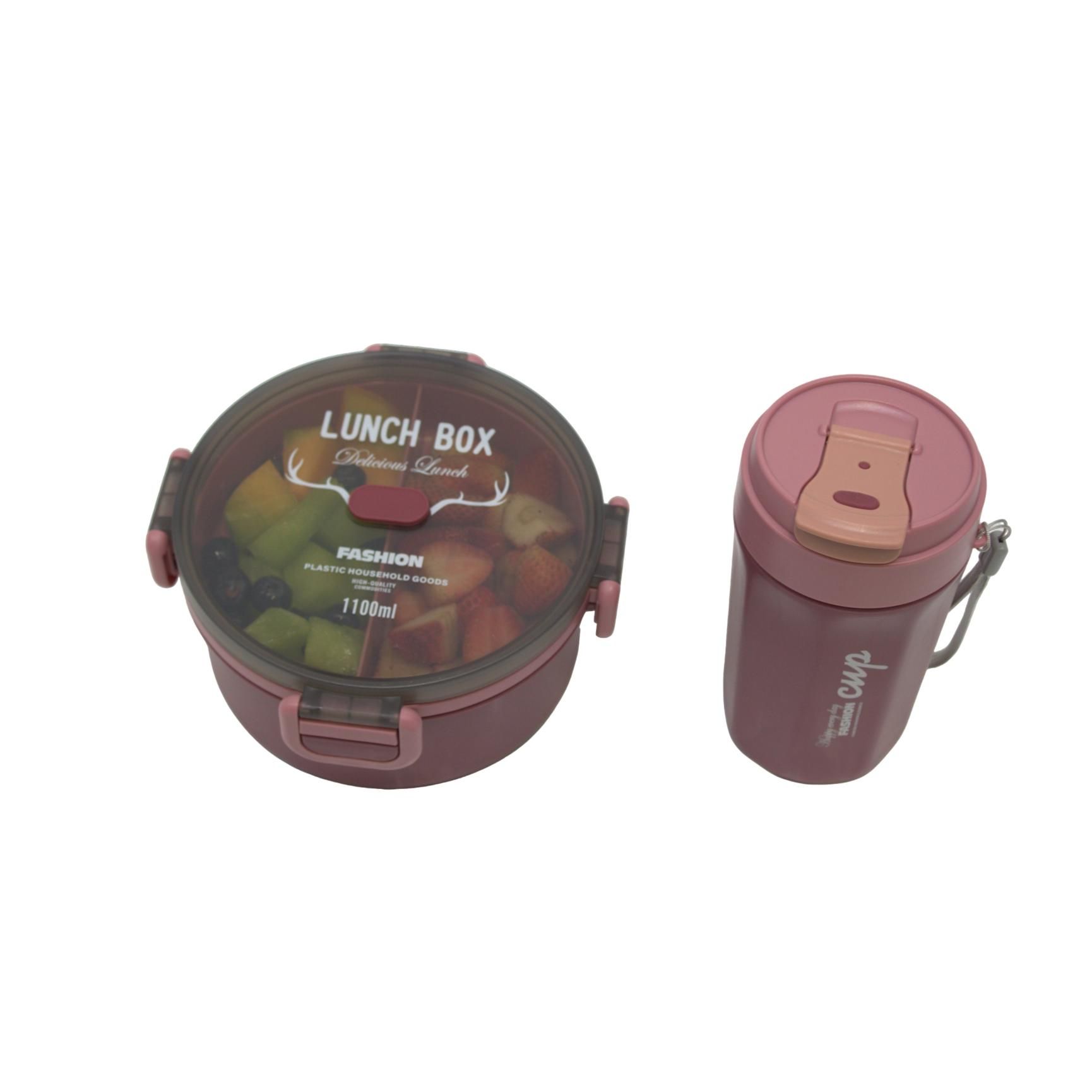 Round Lunch Box Container Double Layer and Travel Coffee Drink Cup 500ml