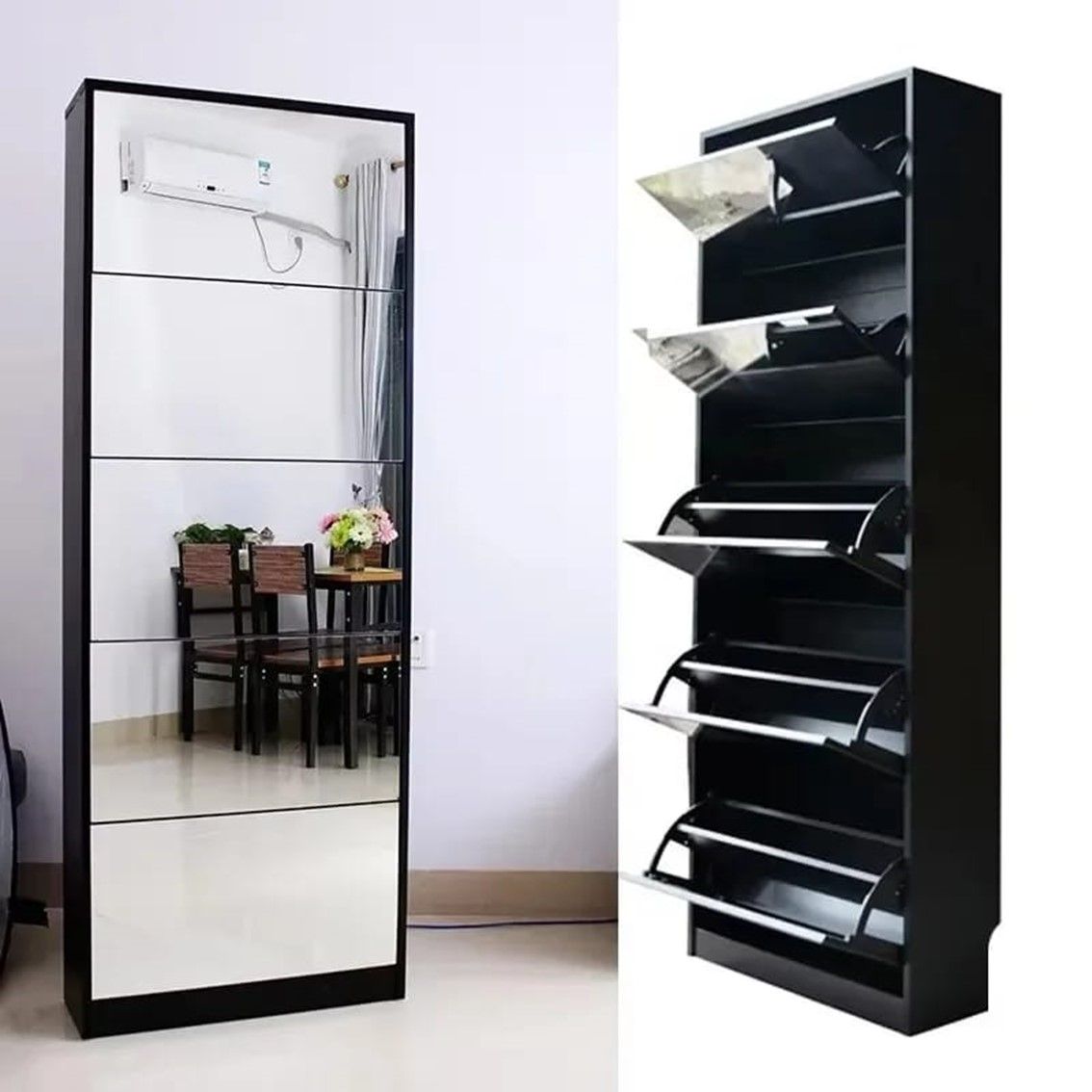 5 Drawer Modern Tipping Bucket Shoe Cabinet, High-Definition Explosion-Proof Mirror, Cabinet Door Pivot Bracket, Narrow Shoe Rack Cabinet