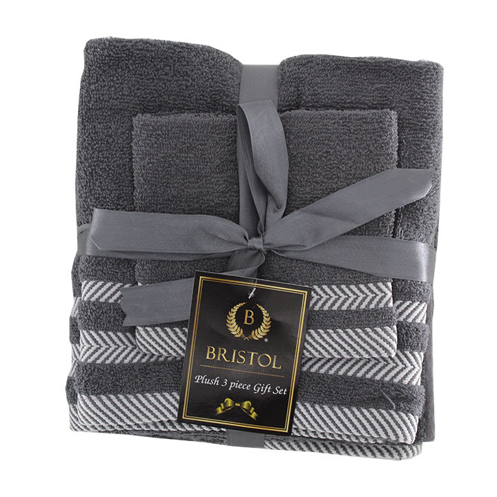 Plush 3 Piece Set - Bath Towel, Hand Towel and Face Cloth - 100% Cotton - Dark Grey