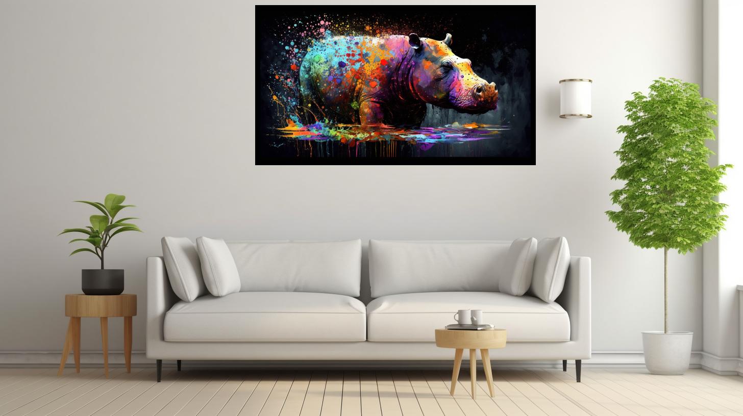 Canvas Wall Art - Colourful Hippo Painting - B1602 [120 x 80 cm]